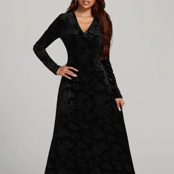 Rose Print V-Neck Long Sleeve Dress - Picture 3 of 8